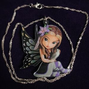 Brand New, Whimsical, Acrylic, Purple, Black and Gray Butterfly Fairy Necklace